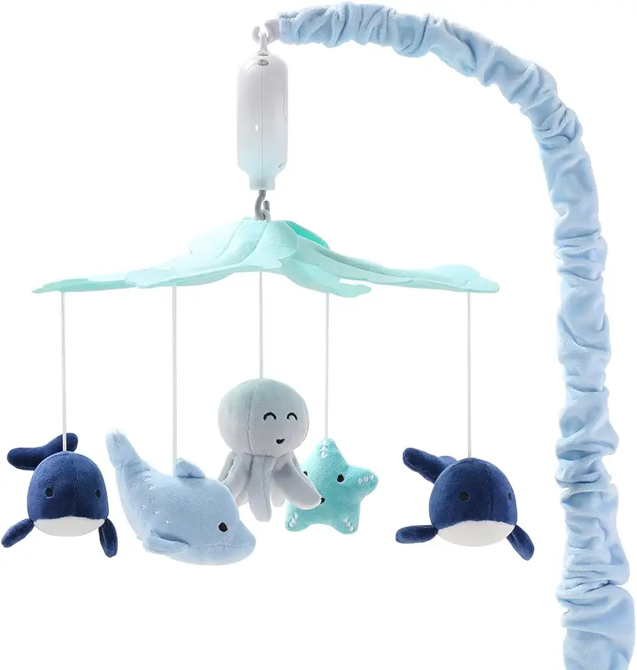 The Peanutshell Crib Mobile for Boys or Girls - Light and Dark Blue Musical Baby Crib Mobile with 12 Lullabies, Ocean Baby Nautical Nursery Decor