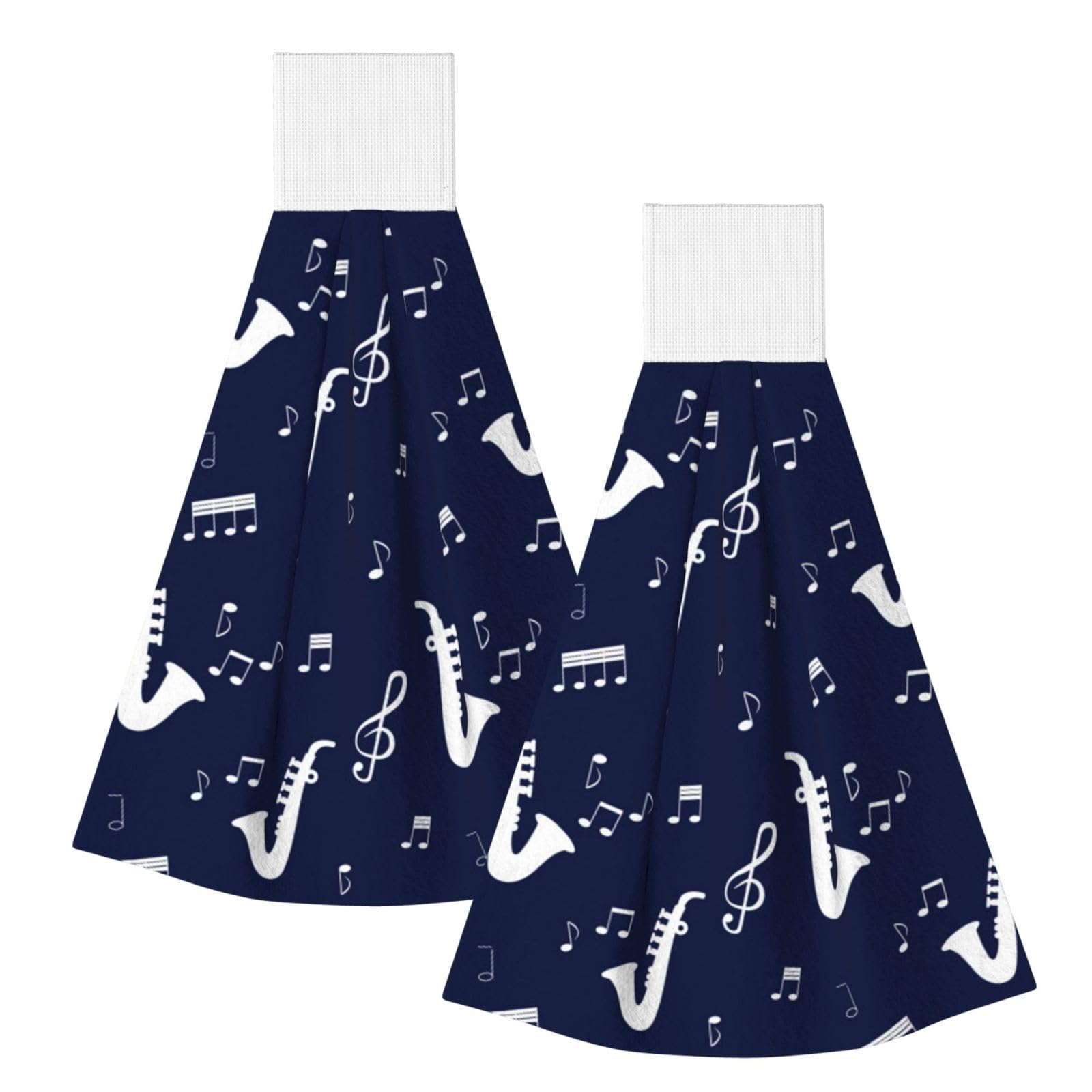 DOPKLNA Music Notes Saxophones, 2 Pcs Hanging Coral Fiber Hand Towels for Bathroom, Absorbent Kitchen Towels