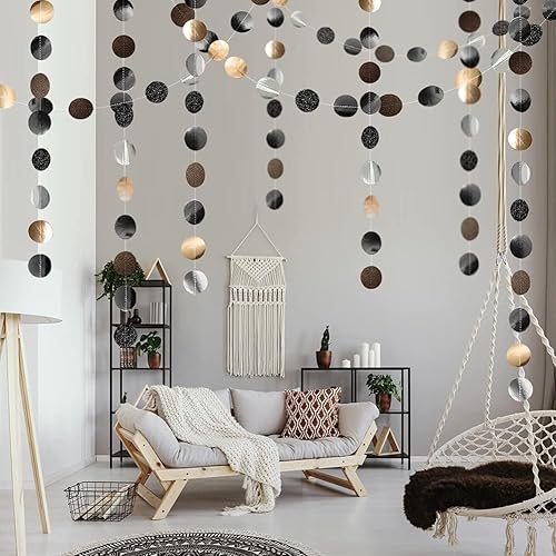 Miniatura 5 de Cheerland Decoraciones de fiesta de oro negro y dorado, guirnaldas plateadas, banderines circulares de punto serpentina para celebración de