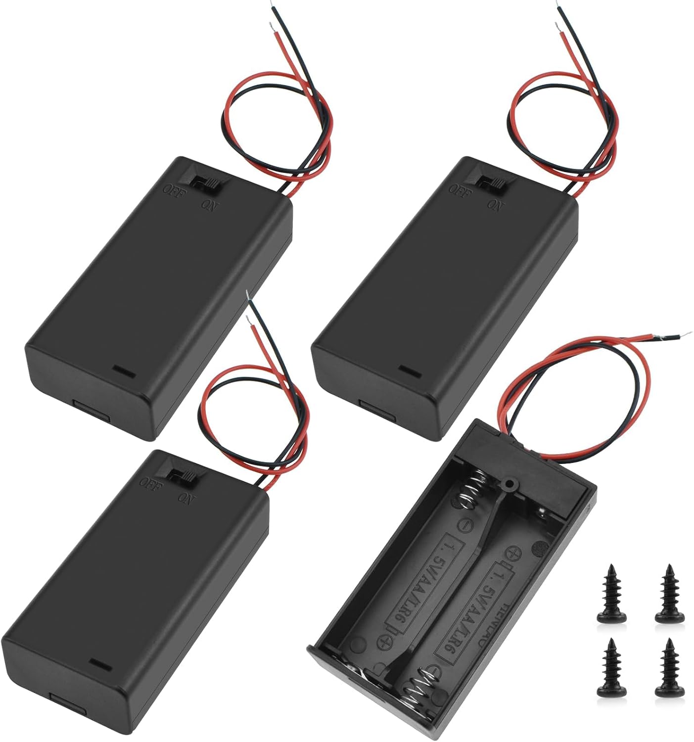 SDTC Tech 2 x 1.5V AA Battery Holder with Wires, 3 Volt Battery Case Box with ON/Off Switch, 3V Battery Holder with Leads and Switch, 4 Packs