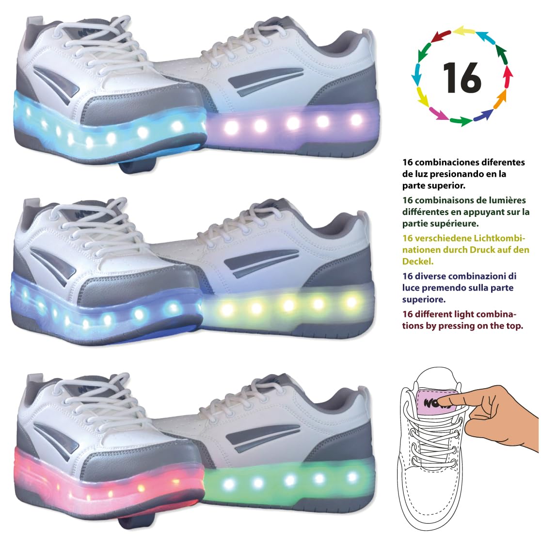 Zapatillas Deportivas con Dos Ruedas y Luces. Recargables, 16 Efectos de Luces. Rueda Trasera automática.