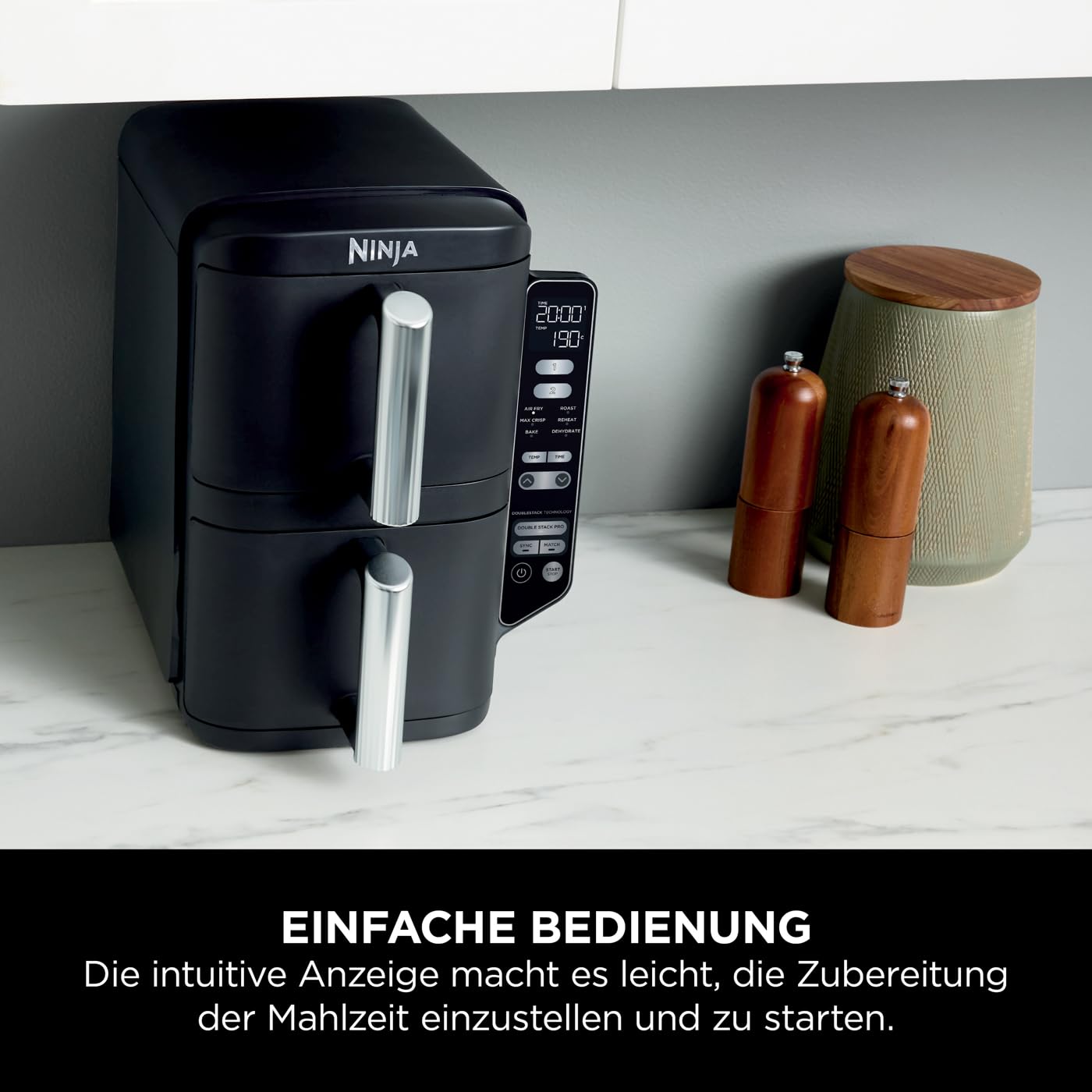 Ninja Double Stack Heißluftfritteuse, 7,6L Digitale Air Fryer Doppelkorb mit 4 Kochstufen, 2 Schubladen, 2 Gestelle, Platzsparendes Design, 6 Kochfunktionen, 6 Portionen, Schwarz SL300EU