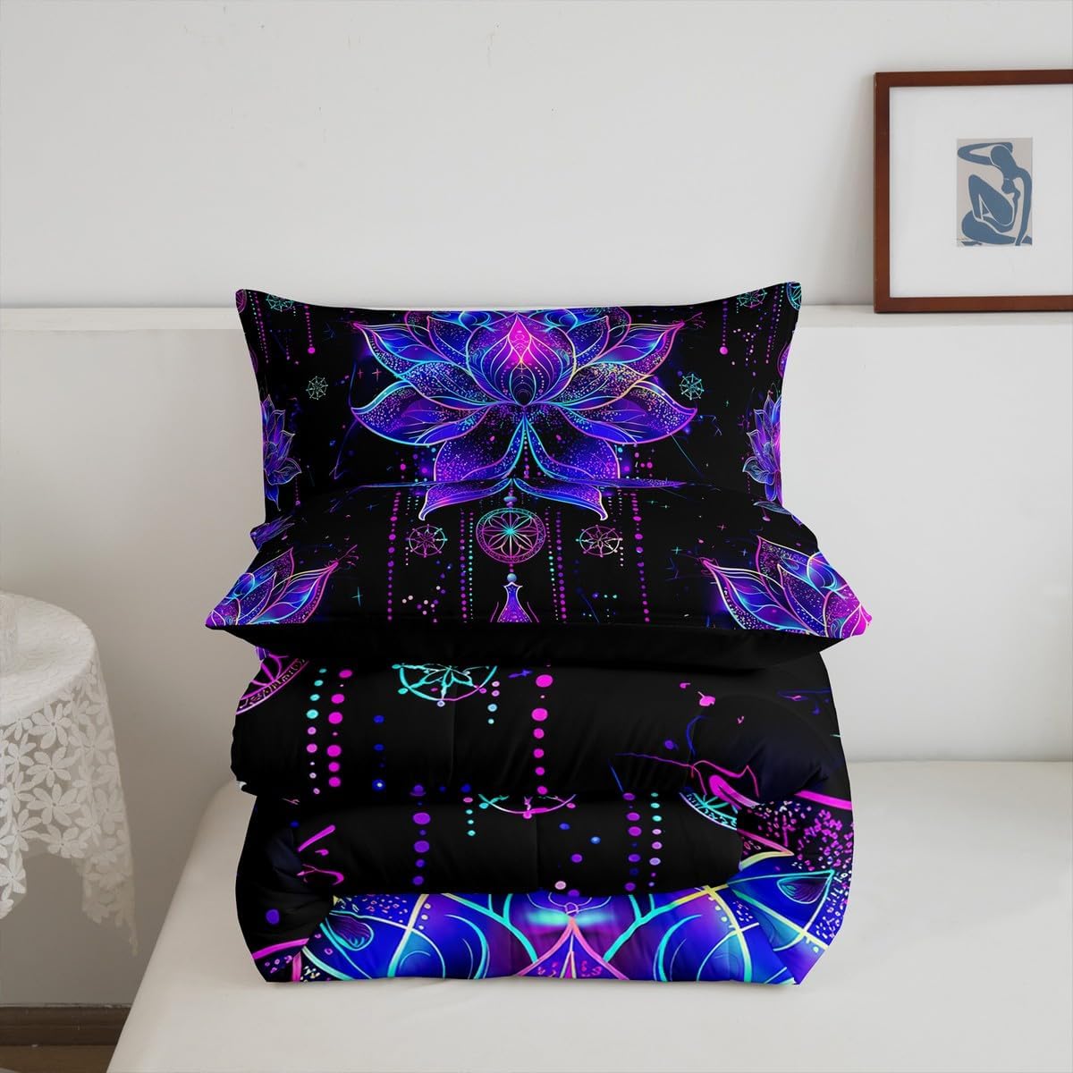 Erosebridal Lotus Queen Comforter Set Dreamy Mandala Bedding Set,Boho Floral Quilt Exotic Tribal Damask Flowers Duvet Insert,Artsy Nordic Psychedelic Bohemian Decor,Teal Purple
