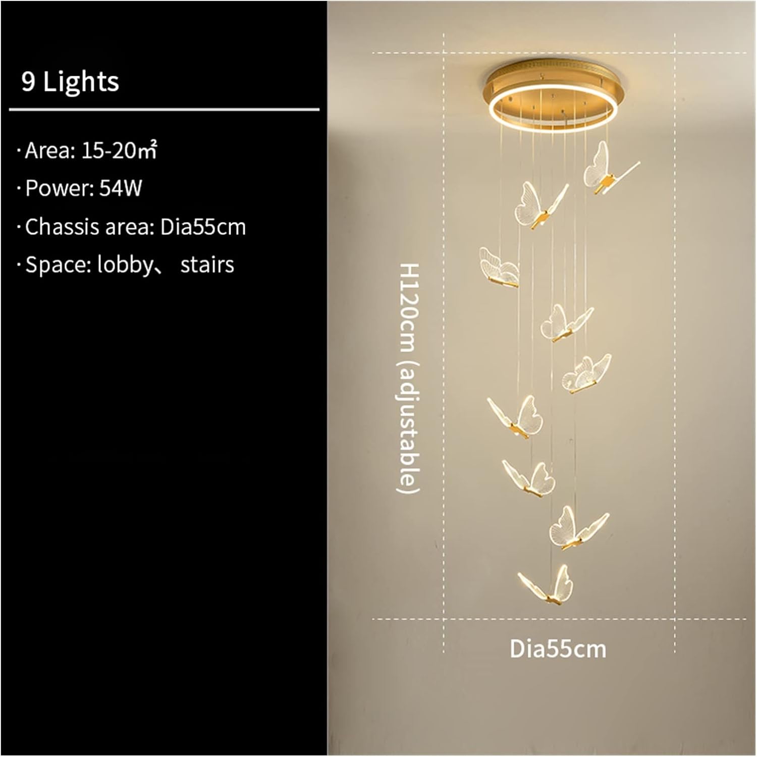 Modern LED Butterfly Long Adjustable Length Duplex Stair Light Living Room Art Dining Light (Colour: Coldlight Size: 24Lights) (Dimmablewithremote 9Lights)