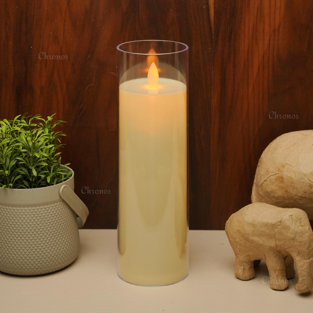 Chronos Acrylic Glass LED Moving Flame Pillar Candle, Flameless, Smokeless, Realistic Flickering, Warm White Light for Home Decor, Diwali, and Christmas (10 Inch)-image-32