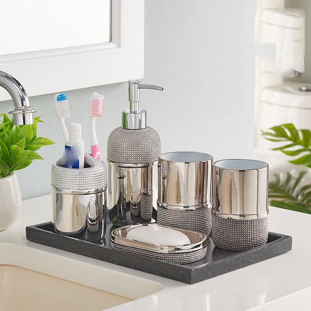 Ceramic Soap Rack Toothbrush Holder Mouth Cup Liquid Bottle Container Bathroom Accessories Set(D)