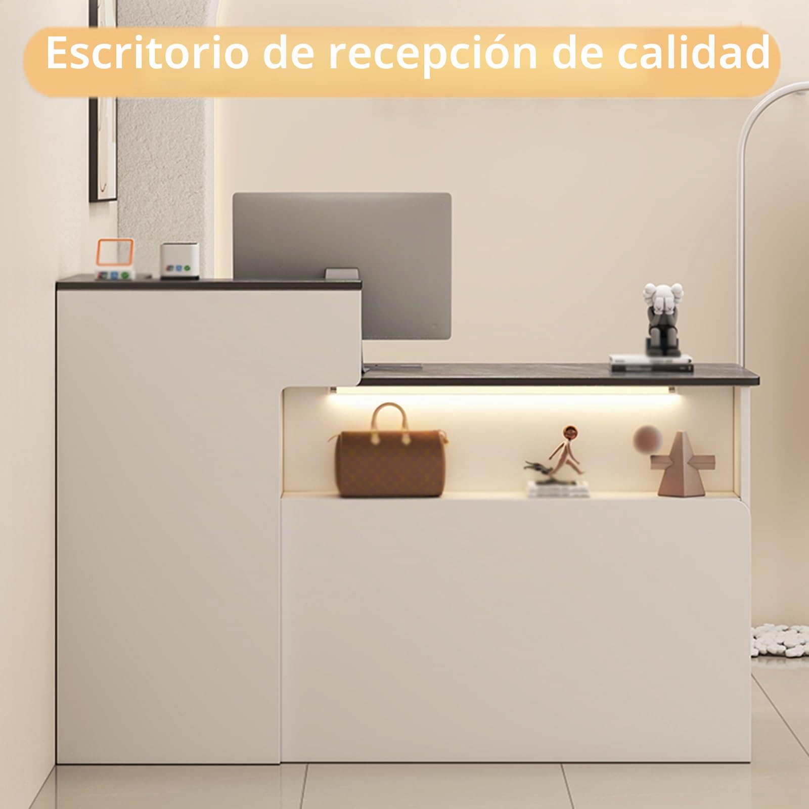 Mostrador de recepción Moderno en Forma de L,mostrador de recepción con cajones con Cerradura,Mesa de recepción con luz, for Tienda de conveniencia y Tienda de Ropa(Gray,L120cm/47.2in)