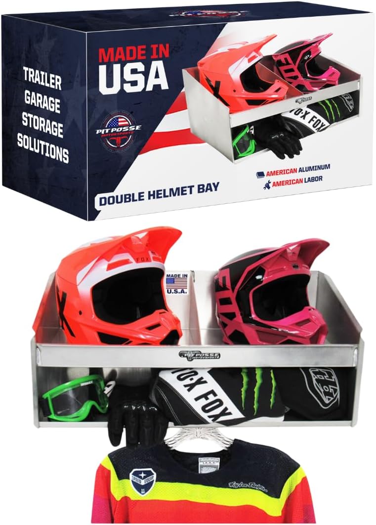 Pit Posse 448 Trailer Cabinet Helmet Bay Double Mount with Shelf - Made in USA - Enclosed Race Trailer Shop Garage Aluminum Organizer - Motorcycle Bike Helmet Storage (Silver)