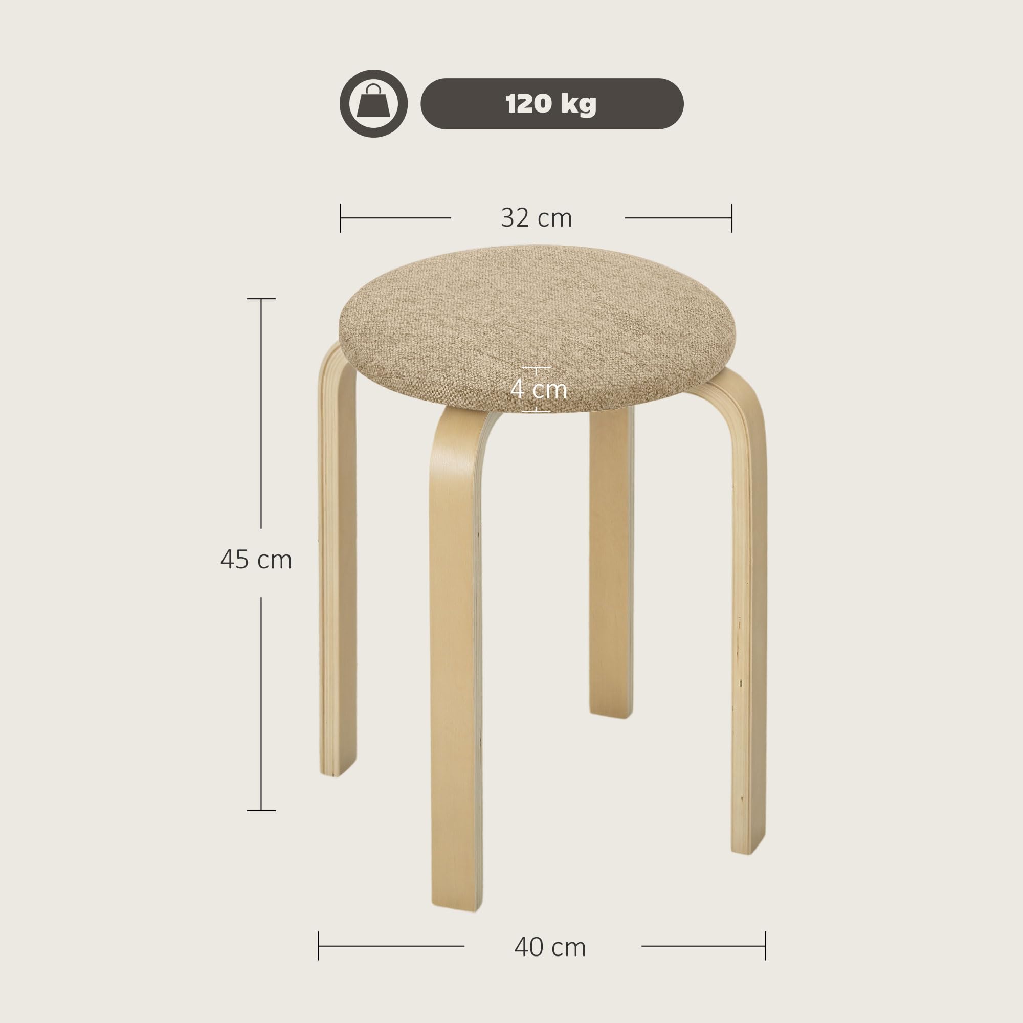 HOMCOM Ensemble de 4 Tabourets Empilables Modernes, Tabourets Ronds sans Dossier, Assise Rembourrée, 40 x 40 x 45 cm, Kaki