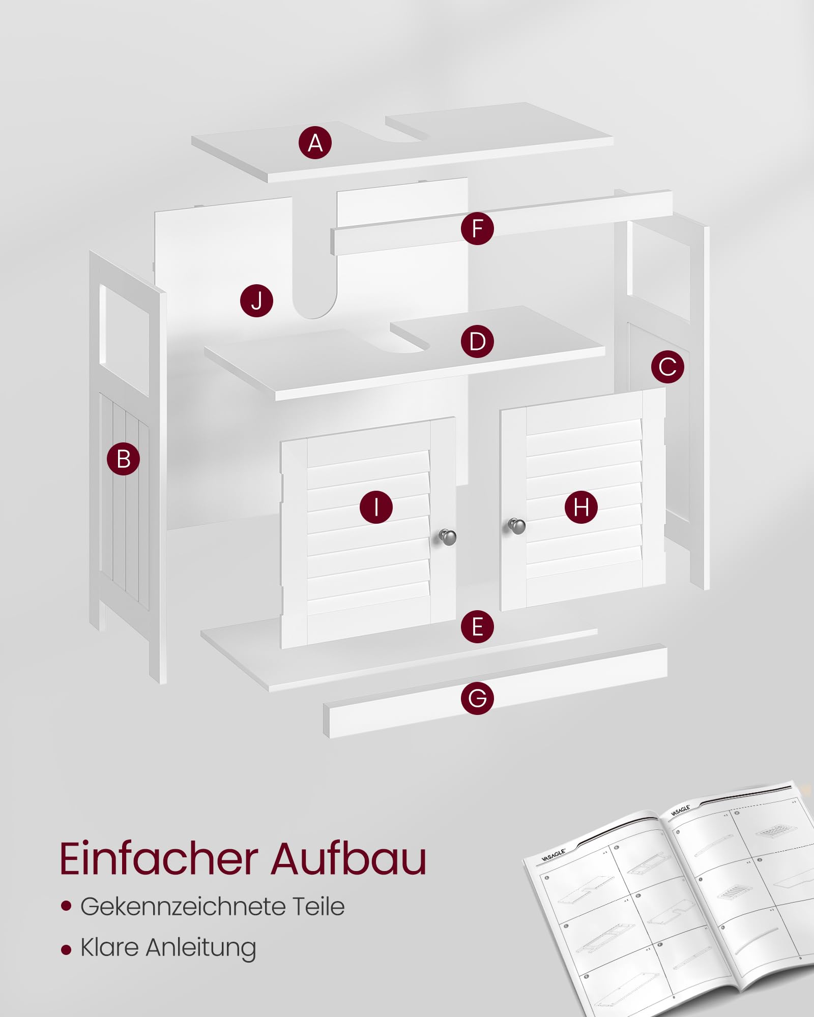 VASAGLE Waschbeckenunterschrank, Badezimmerschrank, Aufbewahrungsschrank, 30 x 60 x 60 cm, mit 2 Lamellentüren, offenes Fach, verstellbare Regalebene, mit Griffen, wolkenweiß BBC02WT