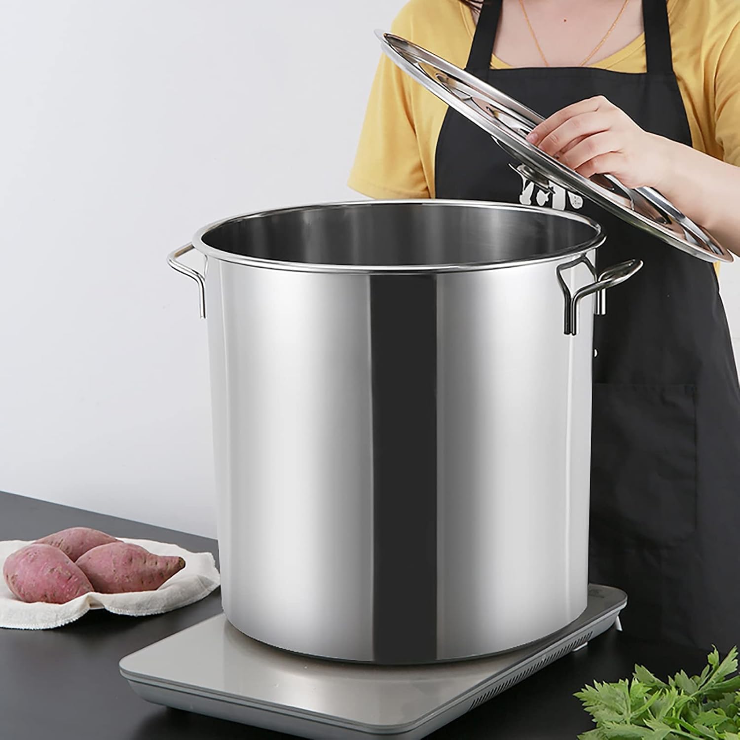 Olla de inducción de acero inoxidable de 25 cm de profundidad, capacidad de 71 litros, diseño duradero de un solo color, perfecto para sopas, guisos y comidas grandes