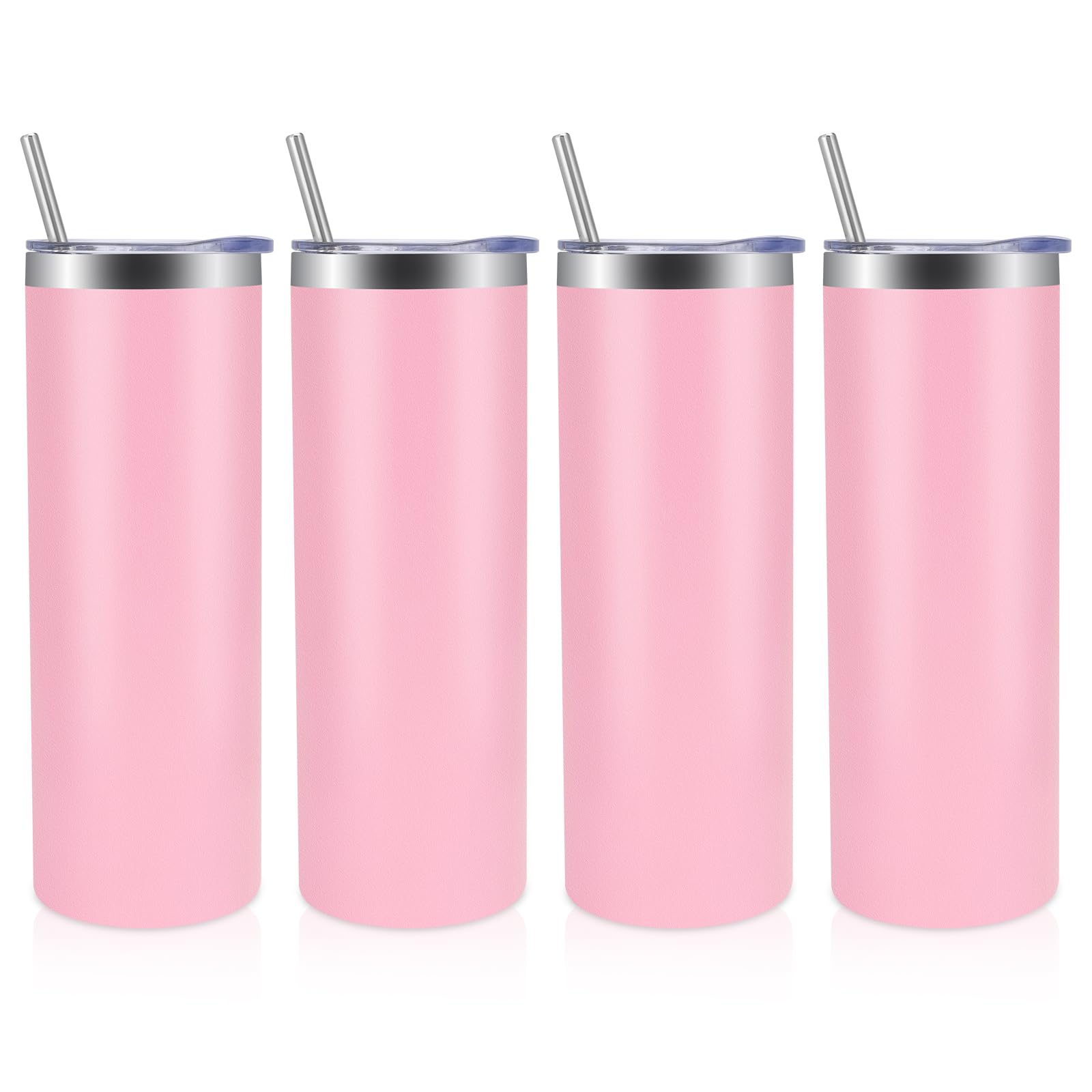 Volhoply 4 Pack Skinny Tumblers with Lid and Straw, 600ml (20oz) Stainless Steel Straight Tumbler Bulk, Vacuum Insulated Coffee Mug for Home, Office, Travel, DIY (Pink,4 Pack)