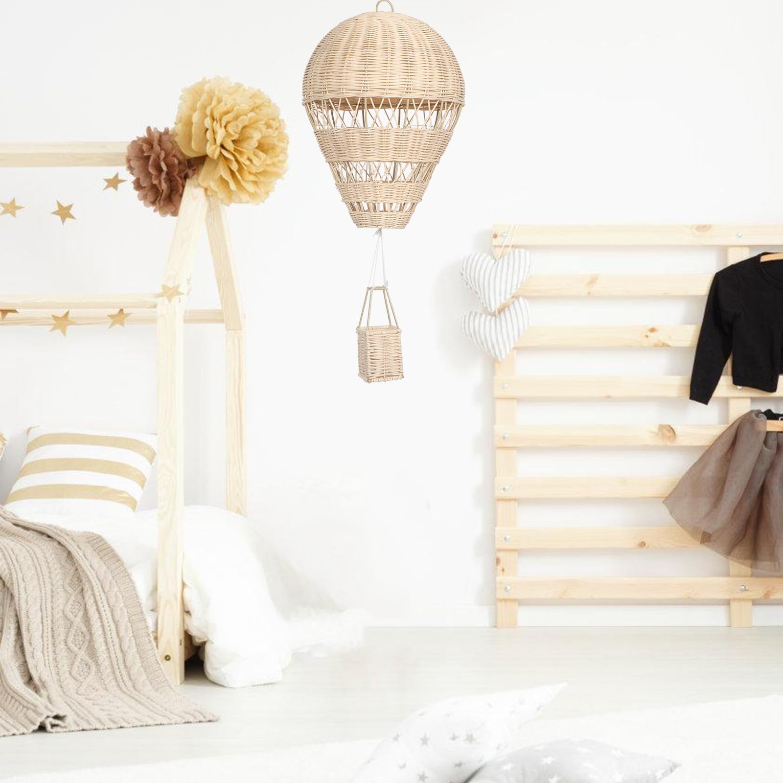 Rattan Heißluftballon Dekoration Hängend aus Handgewebtem Rattan mit Lichterkette für Kinderzimmer Fotorequisite und Partybeleuchtung