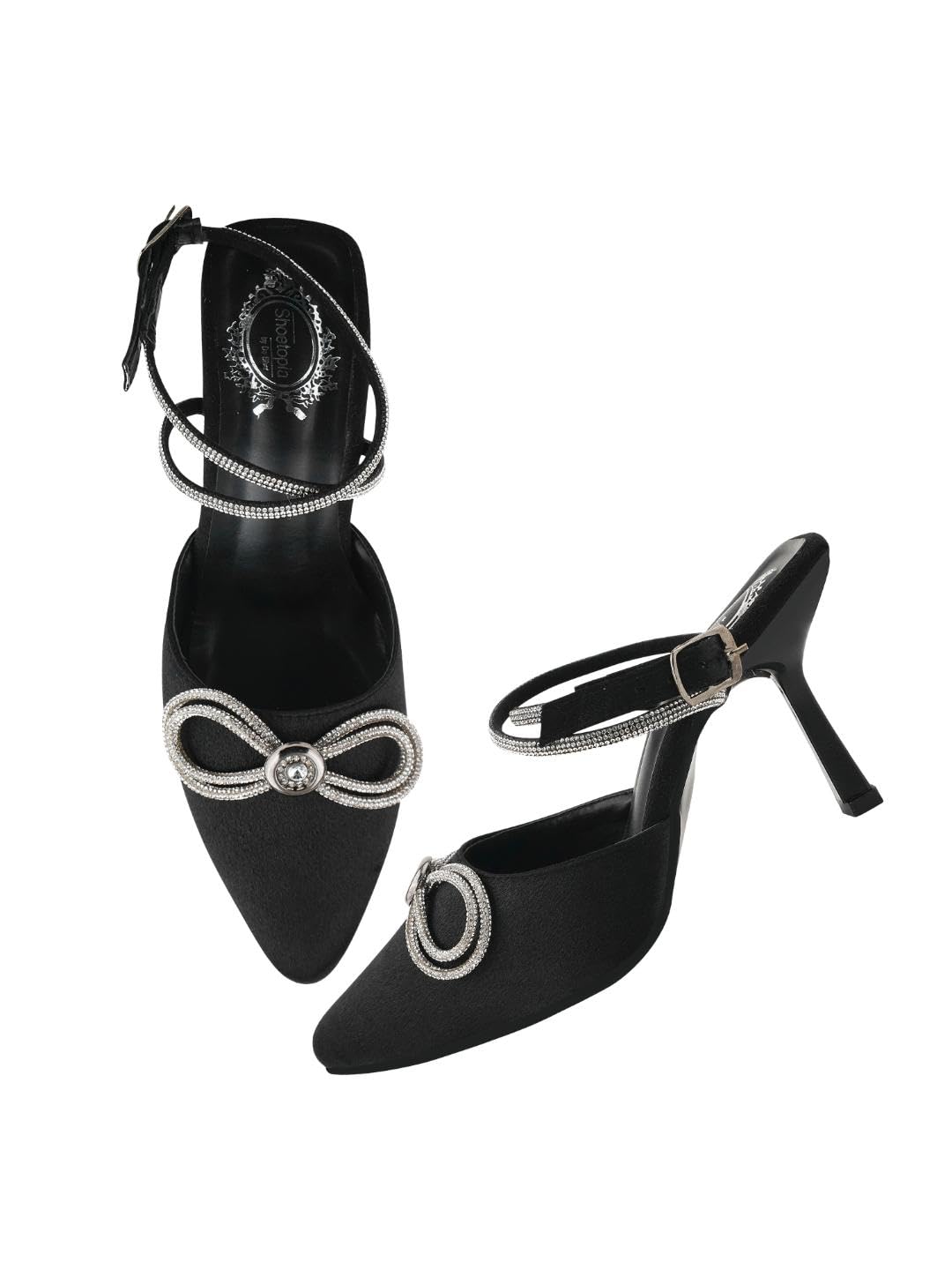 ShoetopiaWomen's Satin High Heel Sandals Pointed Toe Party Heels with Rhinestone Bow & Ankle Strap – Elegant Stilettos for Weddings & Events