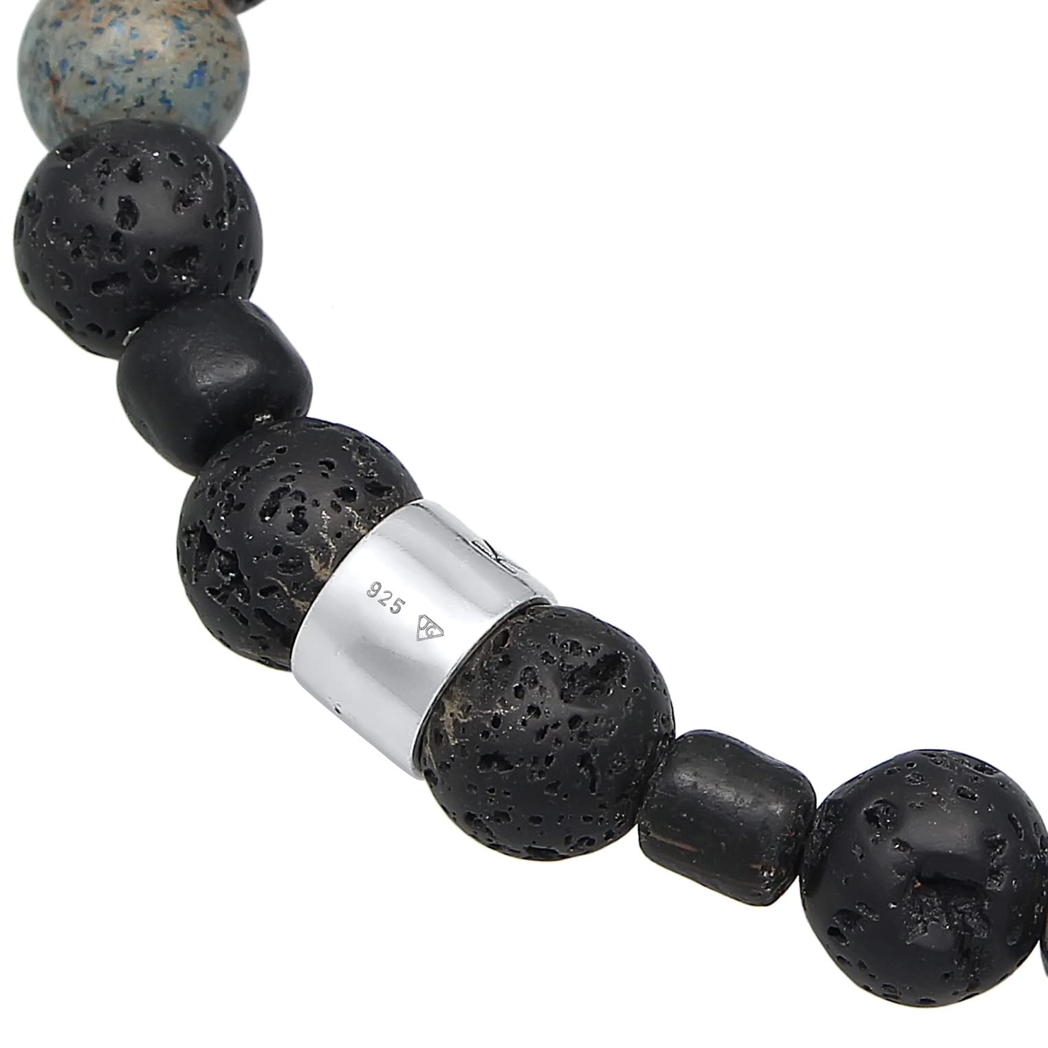 Kuzzoi Buddha Herren Naturstein Armband elastisch aus Lava Perlen (8 mm) | oxidierten 925 Sterling Silber Elementen und Glas Beads Männer Perlenarmband Länge 19-23 cm