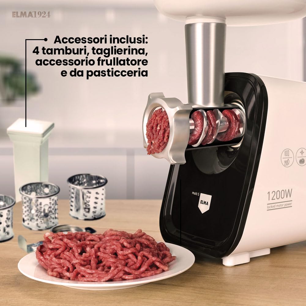 Elma Tritacarne Elettrico 350W, Tritacarne Multifunzione 5 in 1 | Testa in Fusione di Alluminio | Include 2 Dischi in Acciaio Inossidabile da 4 e 8 mm | Tutti gli Accessori Inclusi