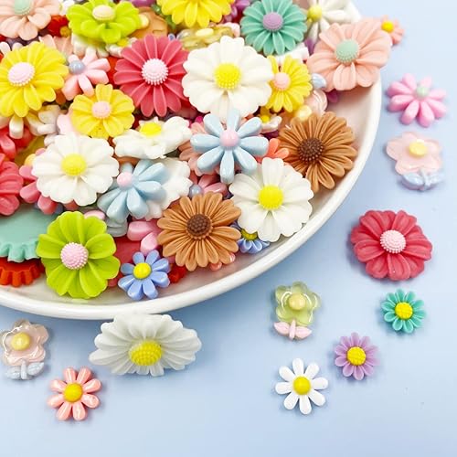 Miniatura 5 de Dijes de resina de flores, 100 piezas de resina con parte trasera plana, cuentas de margaritas para manualidades, joyería, tarjetas, accesorios para