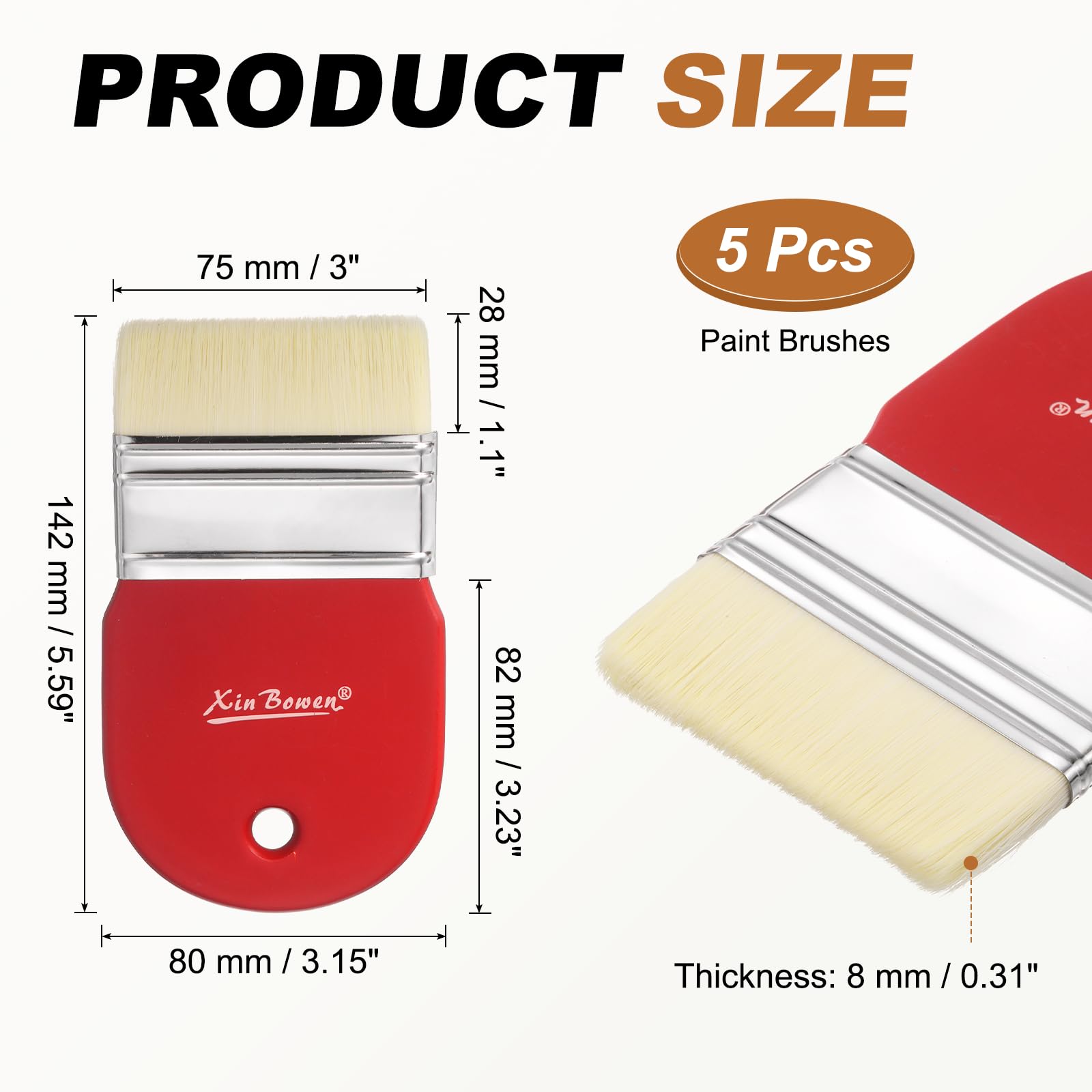 QUARKZMAN 5 Pezze Pennello Piatto A Pala Larghezza 3", Set Pennelli Per Pittura Con Setole In Nylon E Manico Corto In Legno Per Acrilico Olio Vernici Acquerello Pittore, Rosso