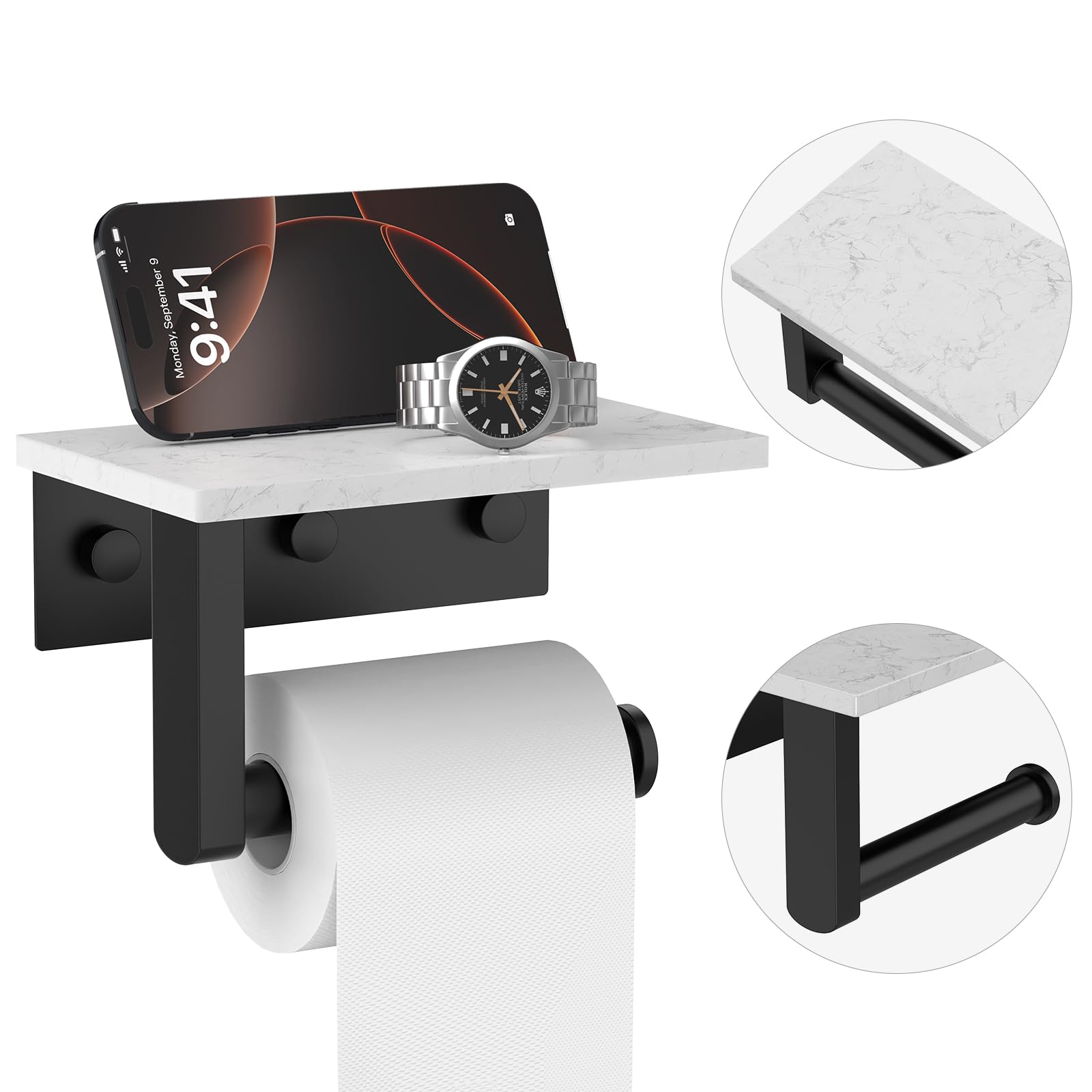 Matte Black Toilet Paper Holder with Marble Shelf Tissue Roll Holder — Amazon image 9