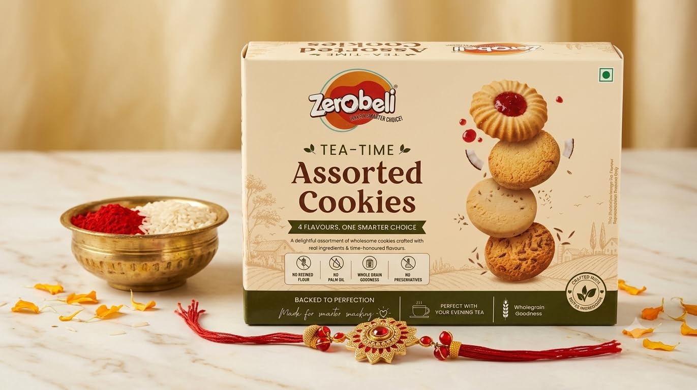 Zerobeli Floral Rakhi Gift Hamper with Assorted Tea-Time Cookies | 4 Delicious Flavours | Whole Grain Goodness | No Refined Flour | No Palm Oil | No Preservatives-image-3