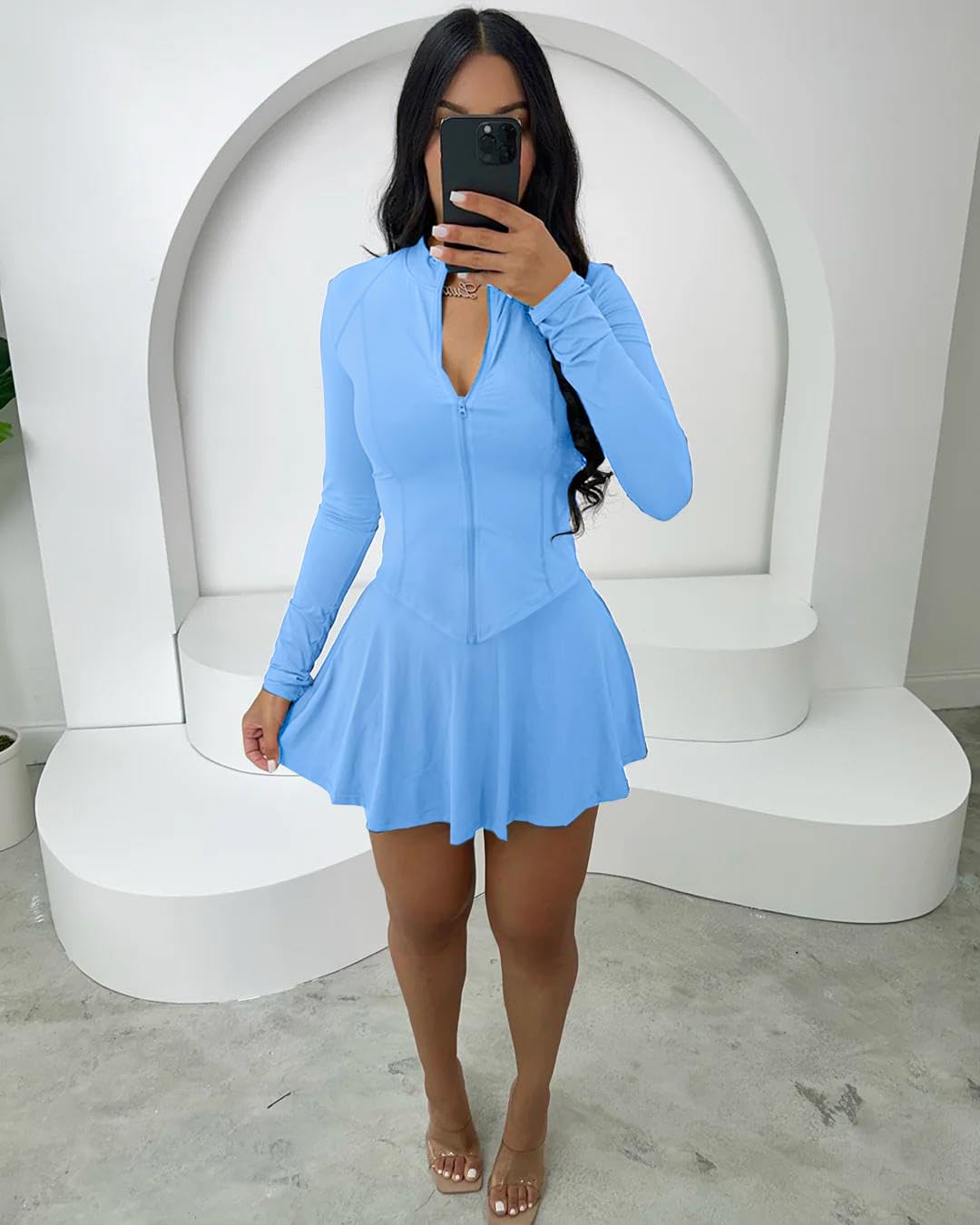 Ensemble de jupes de tennis 2 pièces pour femme – Tenue à manches longues et fermeture éclair – Jupes de golf – Jupes de golf – Sports athlétiques