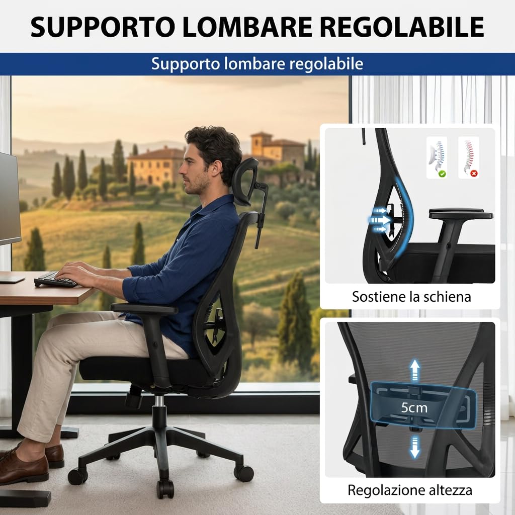 Sedia Ufficio Ergonomica con Poggiatesta 2D, Sedia da Scrivania Supporto Lombare Regolabile, Schienale in Rete Traspirante, Seduta Imbottita, Funzione Basculante 90°-130°, Nera