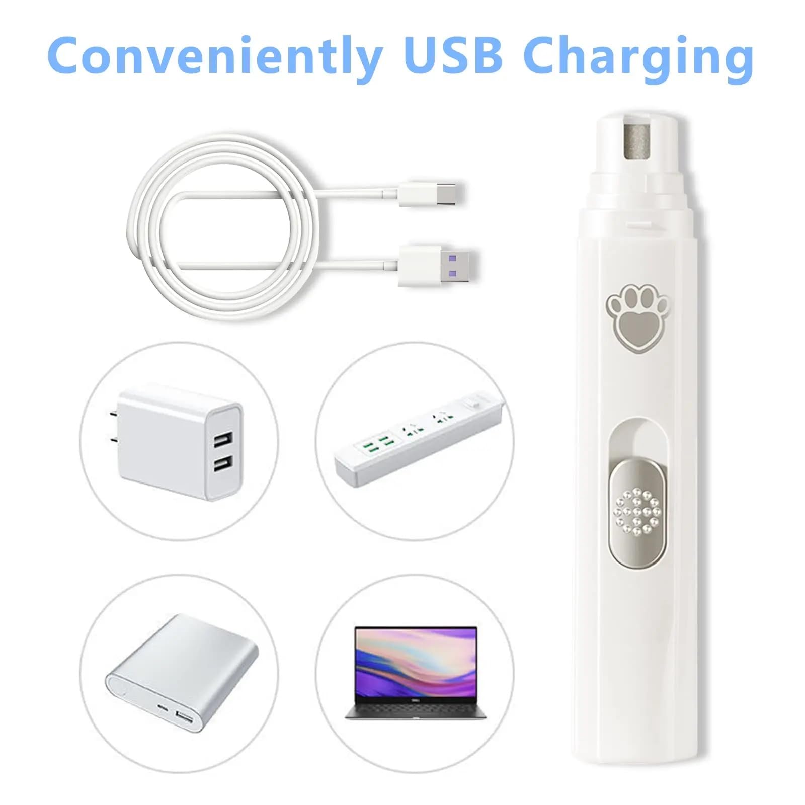 Electric Pet Nail File,Rechargeable Nail Clipper with LED Light - Pet Nail File Silent Noise,45 dB Pet Nail Grinder USB Rechargeable 3 Ports Nail File for Large Medium Small Dog — view 3