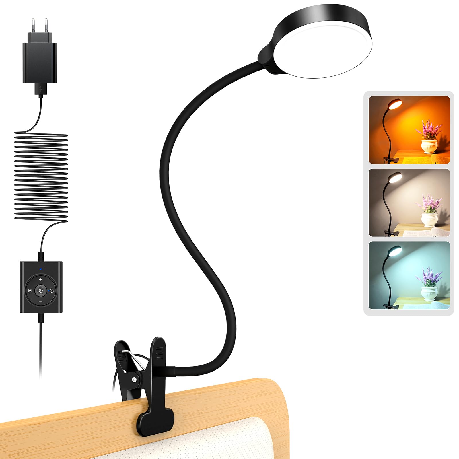 Glocusent 5W Leselampe, 36 LED Leselampe Bett, augenschonende Klemmleuchte, 3 Farb- und 5 Helligkeitsstufen, ansteckbare mit Schwanenhals,CRI 90, perfekte Bettlampe mit USB-Ladegerät