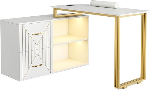 Miniatura 9 de Paddie Mesa de manicura para tecnología de uñas con cojín de muñeca, escritorio de esquina para uñas con 2 cajones y 2 estantes, estación de Negro