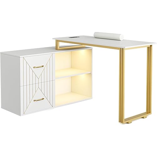 Paddie Manicure Table for Nail Tech with Wrist Cushion, Corner Nail Desk with 2 Drawers and 2 Shelves, Beauty Salon Nail Supplies Decor Station with 16 Colors LED Lights （White）