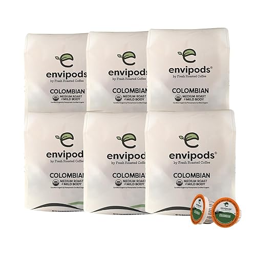 Fresh Roasted Coffee, Envipods colombianos orgánicos  BPI compostable, USDA orgánico, Kosher  Tostado medio 72 unidades para cafeteras K Cup  No