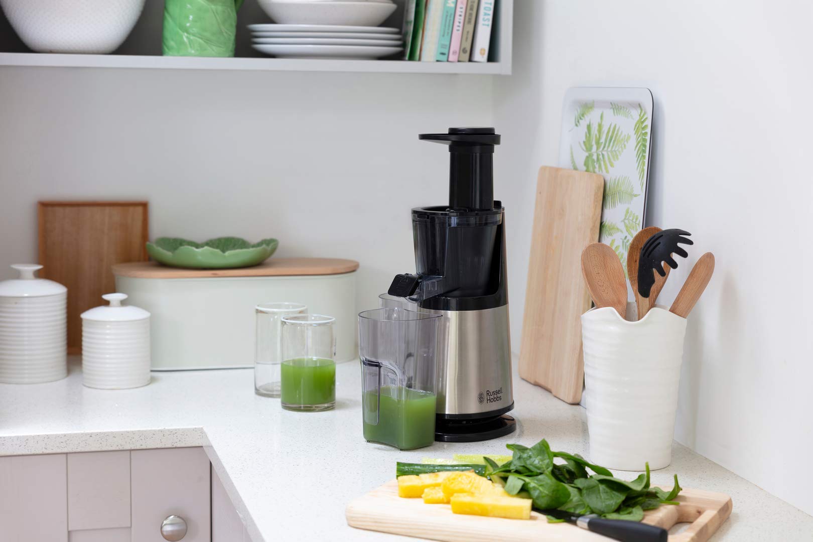 Russell Hobbs Slow Juicer Sistema di Estrazione Succo a Freddo, Corpo in Acciaio, 2 Filtri, Funzione Reverse, Affetta frutta Congelata, 150W, 25170-56