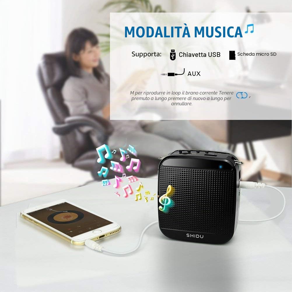 Amplificatore vocale portatile 15W, SHIDU Amplificatore vocale Mini con cuffia microfono cablata Ricaricabile Microfono e sistema altoparlante PA per insegnanti, Canto, Aula, Guida turistica, Yoga