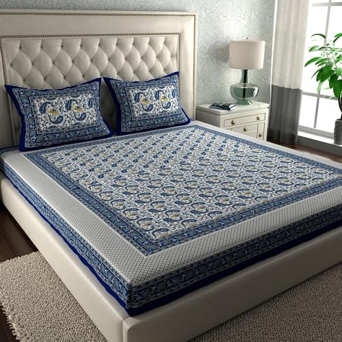Image of LA VERNE Combo Pack of 2 Double Bedsheet with 4 Pillow Covers | Cotton Double Flat 104 TC Jaipuri Prints Bedsheet Size 240 X 220 CM (Blue,Red)