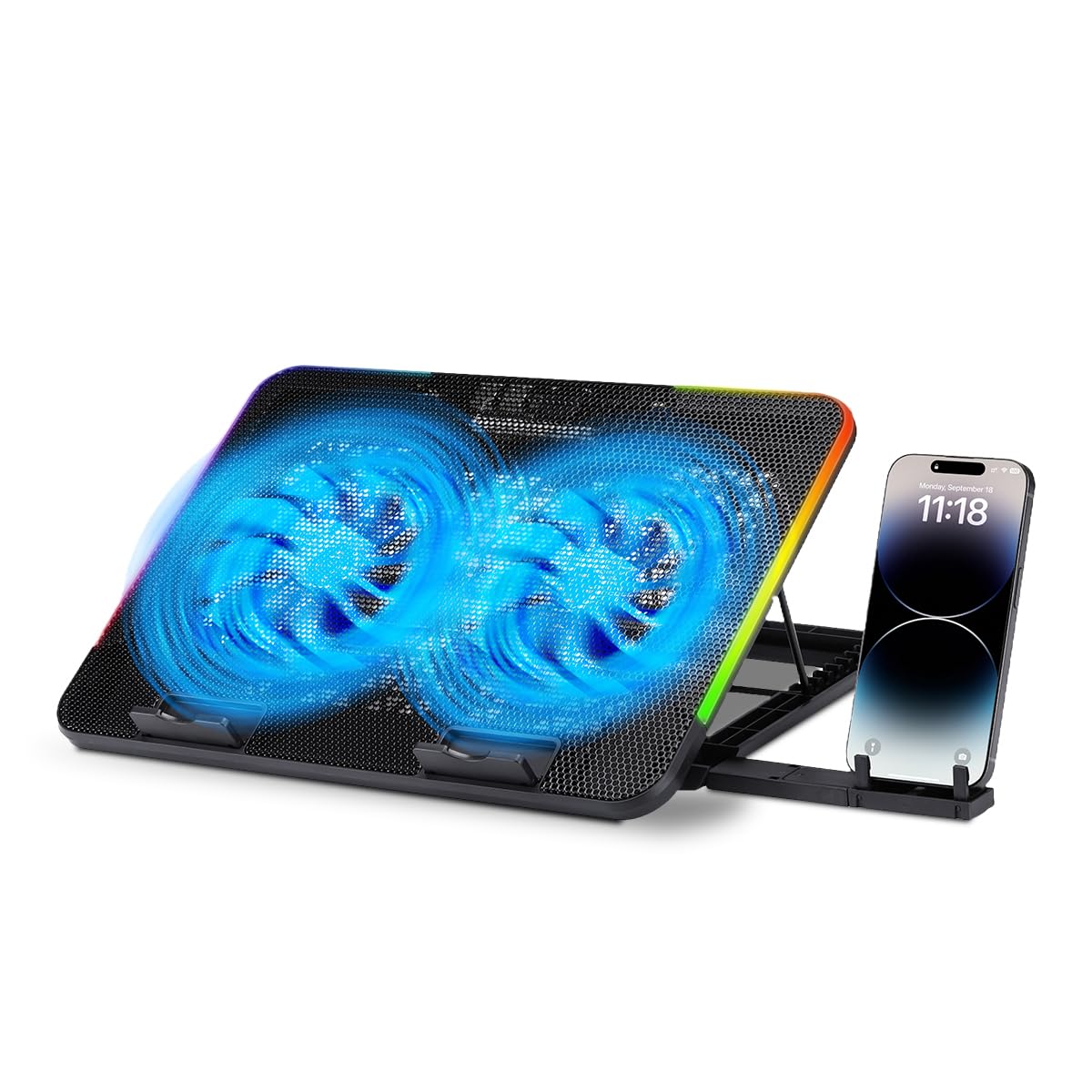 NK Przenośna lodówka do gier 17" - 7 trybów LED RGB LED, 2 ciche wentylatory z regulowaną prędkością, 5 regulowanych wysokości, port USB, uchwyt na telefon, szybkie chłodzenie