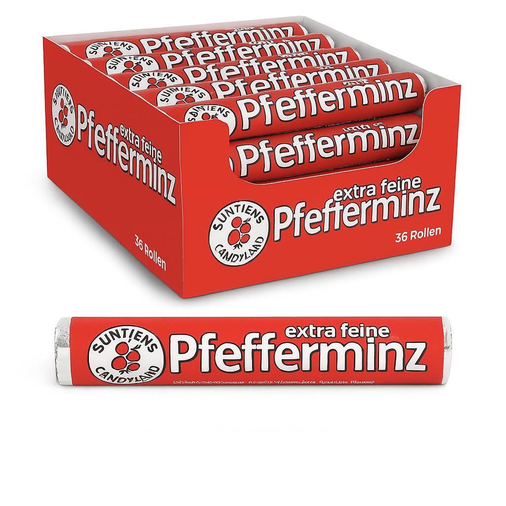 Suntjens Pfefferminzrollen 36 x 30g – extra feine Minzbonbons in der klassischen Rolle – Erfrischende Pfefferminze für unterwegs, Büro & Auto – ohne künstliche Farbstoffe