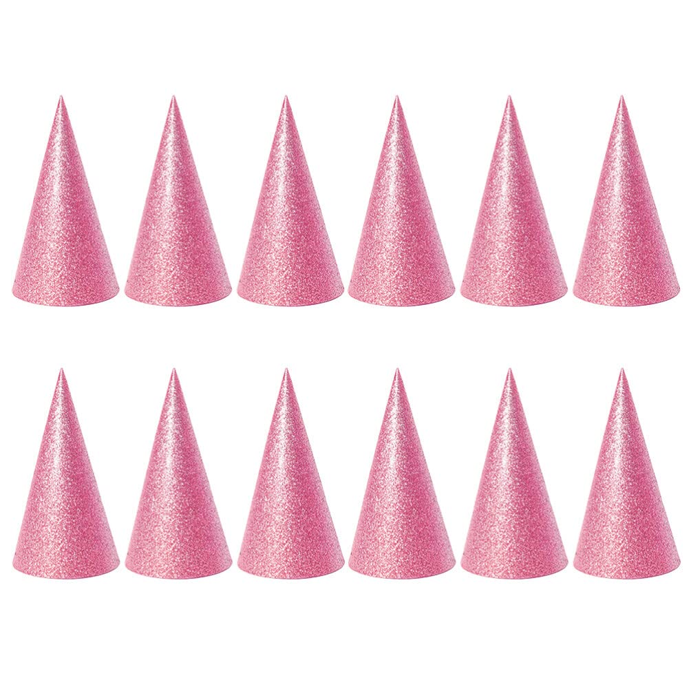 NUOBESTY 12pcs Glitter Cone Party Hats, Triangle Birthday Party Hats Metallic Foil Art Craft Caps Birthday Party Costume Accessories Decorations Pink