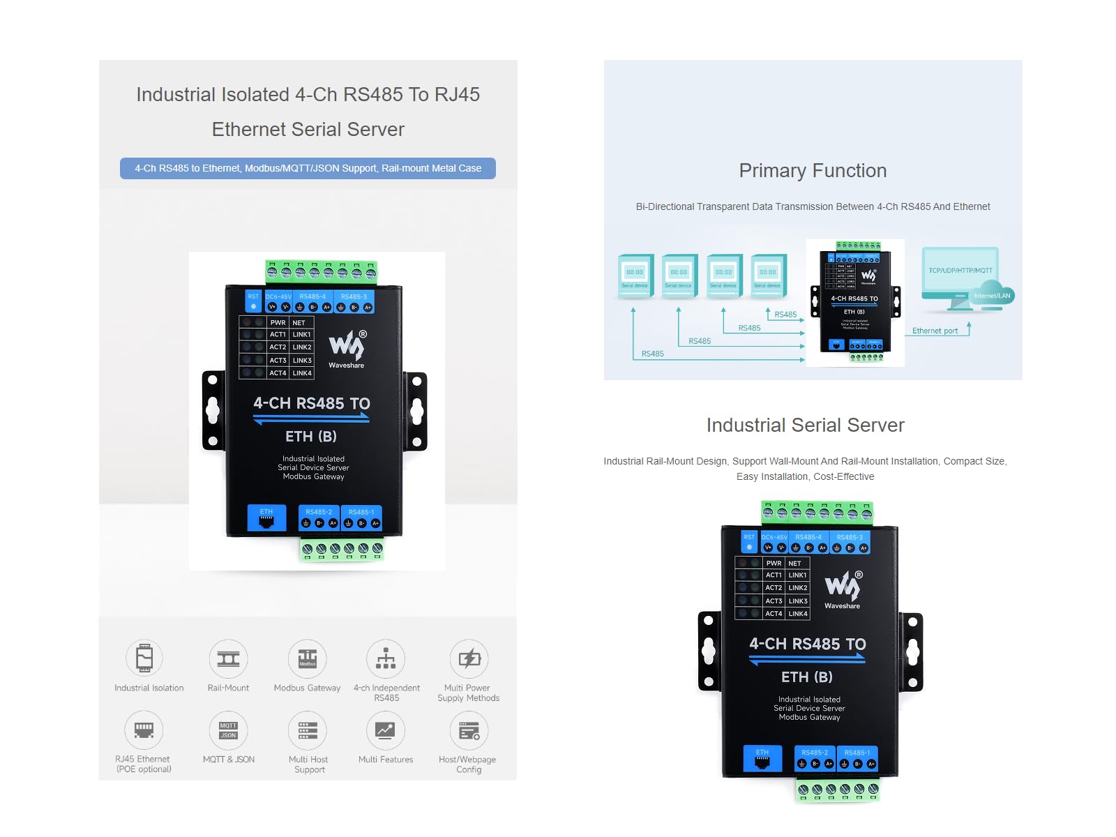 Waveshare 4-CH RS485 to RJ45 Ethernet Converter Module, Industrial Rail-Mount RS485 Serial Server, Modbus/MQTT/JSON Support,300~115200 BPS Baudrate,10 / 100M Auto-Negotiation RJ45 Connector
