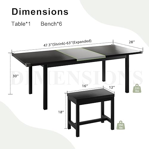Miniatura 2 de Feonase Juego de mesa de comedor de 7 piezas con 6 taburetes, juego de mesa de cocina grande extensible de 63 pulgadas para 4 a 8, mesa de comedor