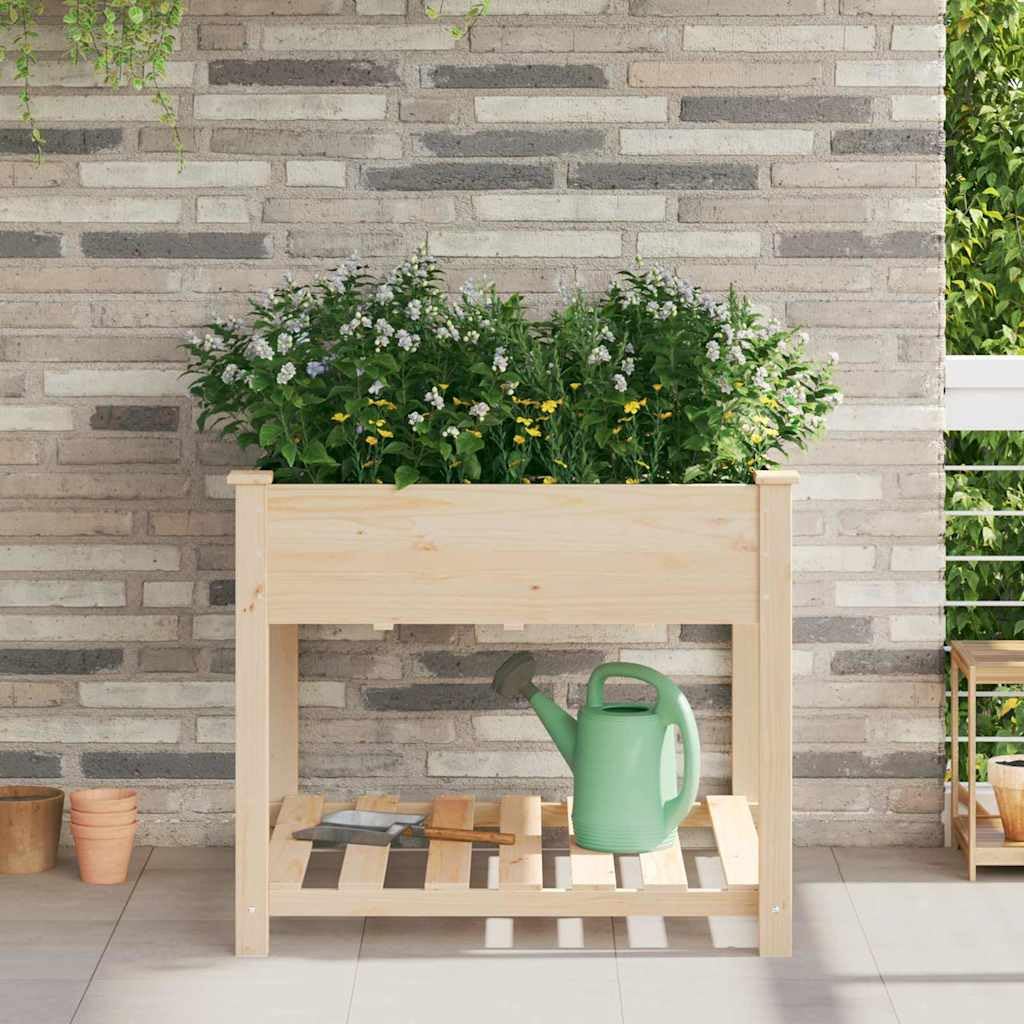 Jardinera con estante de madera para jardín, color beige, 90 x 90 x 76,5 cm | Práctica jardinera de madera de abeto para patio y jardín, ofrece espacio de almacenamiento adicional para utensilios.