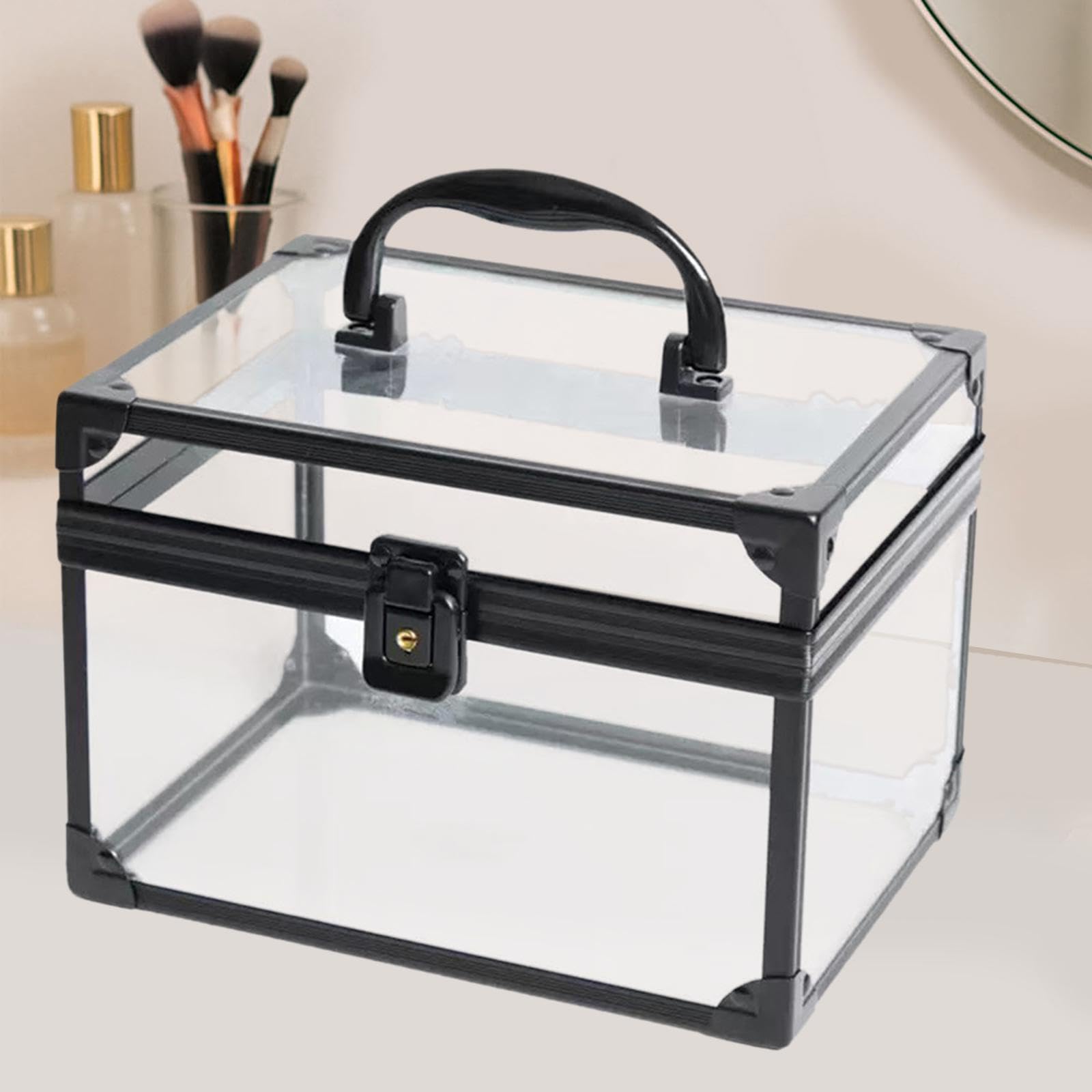 Generic Make Up Organizer Acryl Schminkaufbewahrungsbox Kosmetikkoffer mit Durchsichtigem Gehäuse Und Sicherheitsverschluss Ideal für Persönliche Kosmetikarti, Schwarz