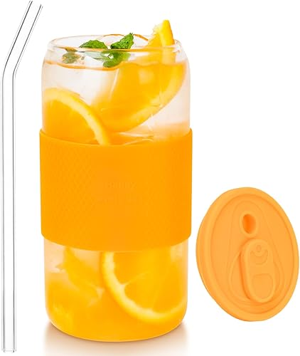 UNAOIWN Vasos de café helado con tapas y popote de vidrio, vaso con forma de lata de cerveza de 16 onzas para whisky, té, agua, refrescos, cócteles