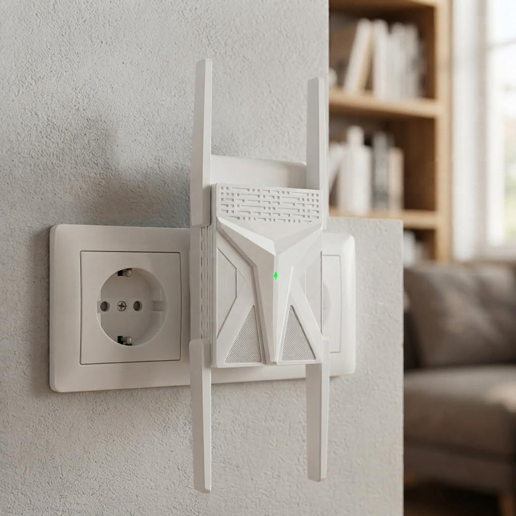 2100M WLAN Repeater, Dualband WLAN Verstärker mit Gigabit LAN Anschluss | Wi-Fi 5 GHz & 2,4 GHz, 4*3db Antennen, WPA2/WPA3 Sicherheit, Für alle Router, Gaming, 8K Streaming, Smart TV & Home Office