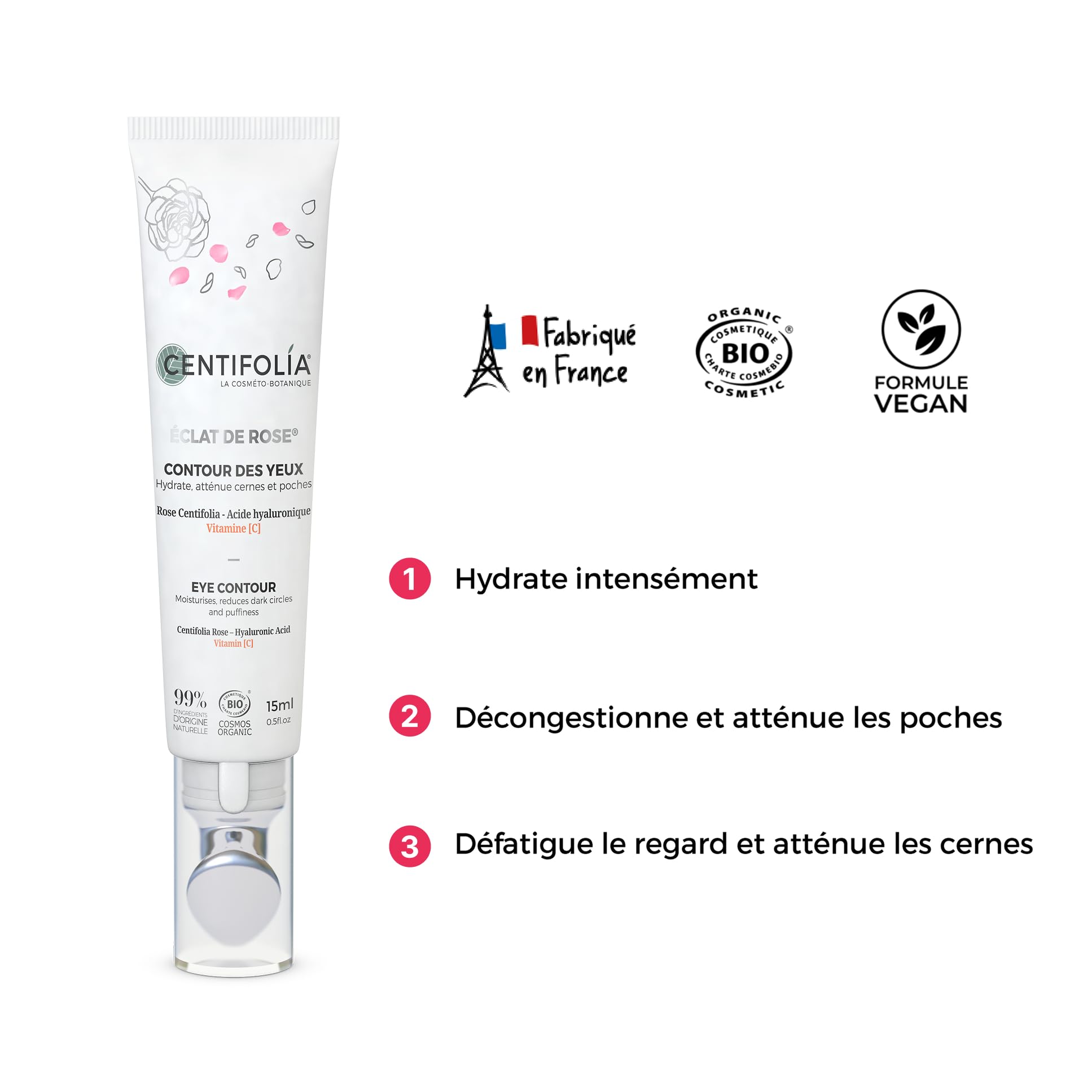 CENTIFOLIA | Contour des Yeux Éclat de Rose Bio | Hydratation Intense & Regard Défatigué | Décongestionne, Atténue Poches & Premières Rides | Tous Types de Peaux | Fabriqué en France | Lot de 2 x 15ml