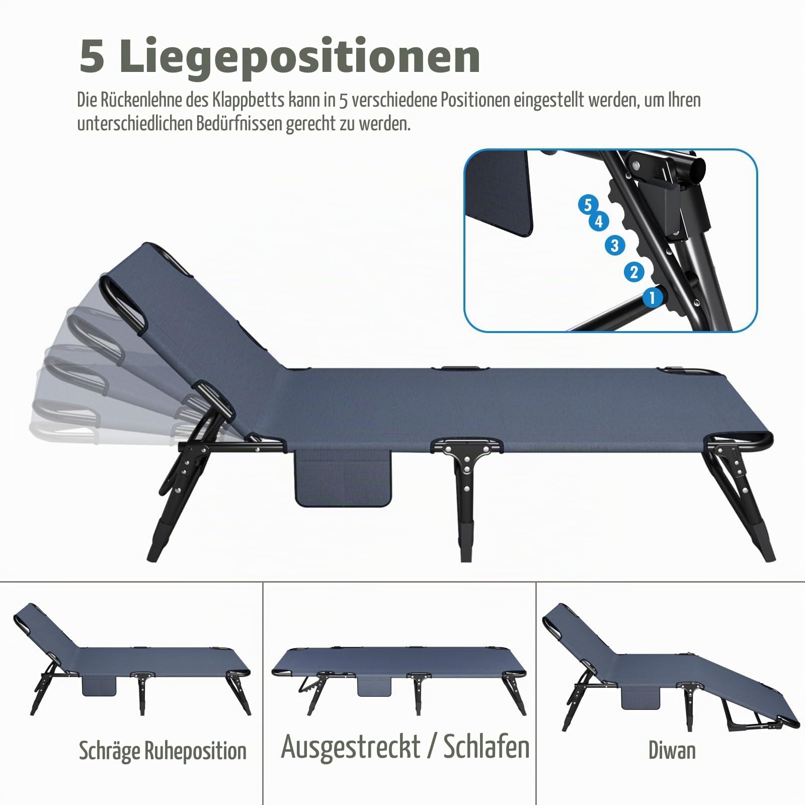 ATORPOK SHOP Sonnenliege mit verstellbarer Rückenlehne, 4-fach verstellbar, Mehrzweck-Campingbett, tragbar und Liegestuhl, für Garten/Pool/Terrasse, gepolsterte Matratze und Kissen – Blau