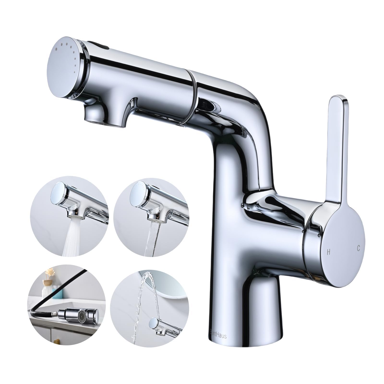 Rubinetto Bagno Lavabo con Doccetta Estraibile, Miscelatore Lavabo Bagno, Rubinetti Monocomando con 3 Modalità, Aeratore Rimovibile, Senza Piombo, Acqua Calda e Fredda, Moderno Cromato