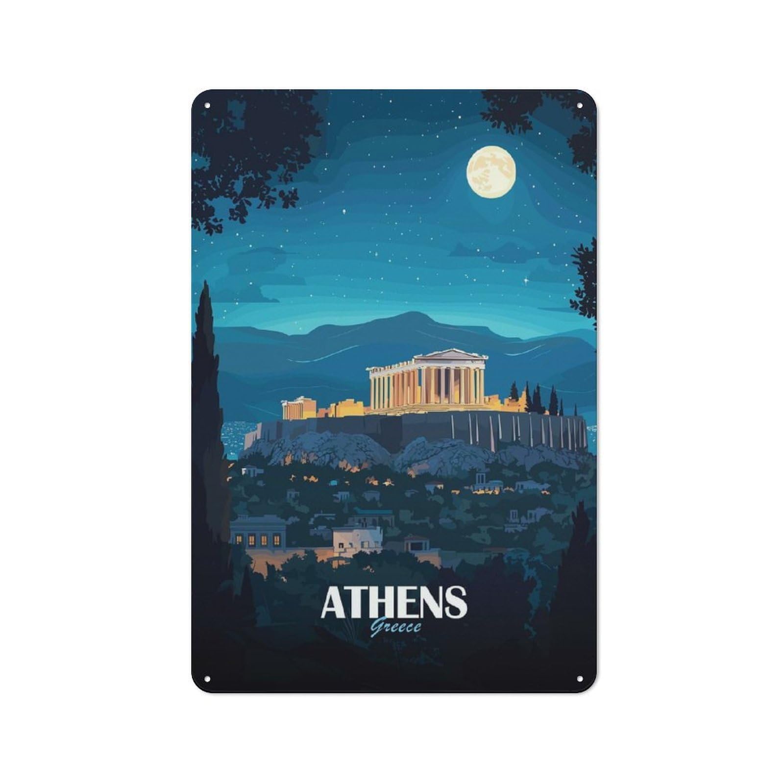 Junmoney Style-16 30X20cm Vintage Metal Sign With Athens Greece Night Travel For Studio Or Craft Room, For Vintage Wall Decor Fans, For Metal Sign Collectors