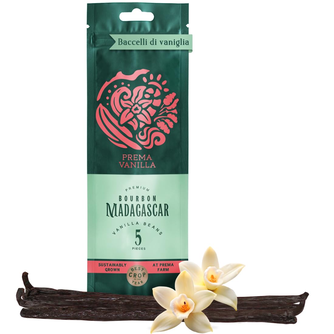 PREMA VANILLA Baccelli di Vaniglia del Madagascar, Vaniglia Bourbon di Grado A per la Preparazione di Estratto, Ideale per Cucina e Pasticceria, Confezione da 5 Baccelli