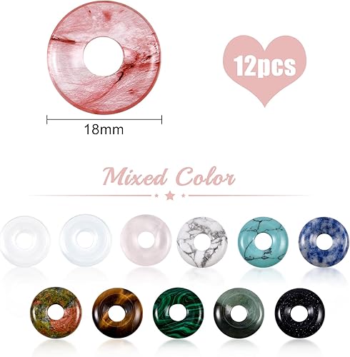 Miniatura 2 de BENECREAT Colgantes de piedra natural de disco de dona de 12 colores, dijes de dona de piedras preciosas redondas planas (0.709 x 0.177 in)