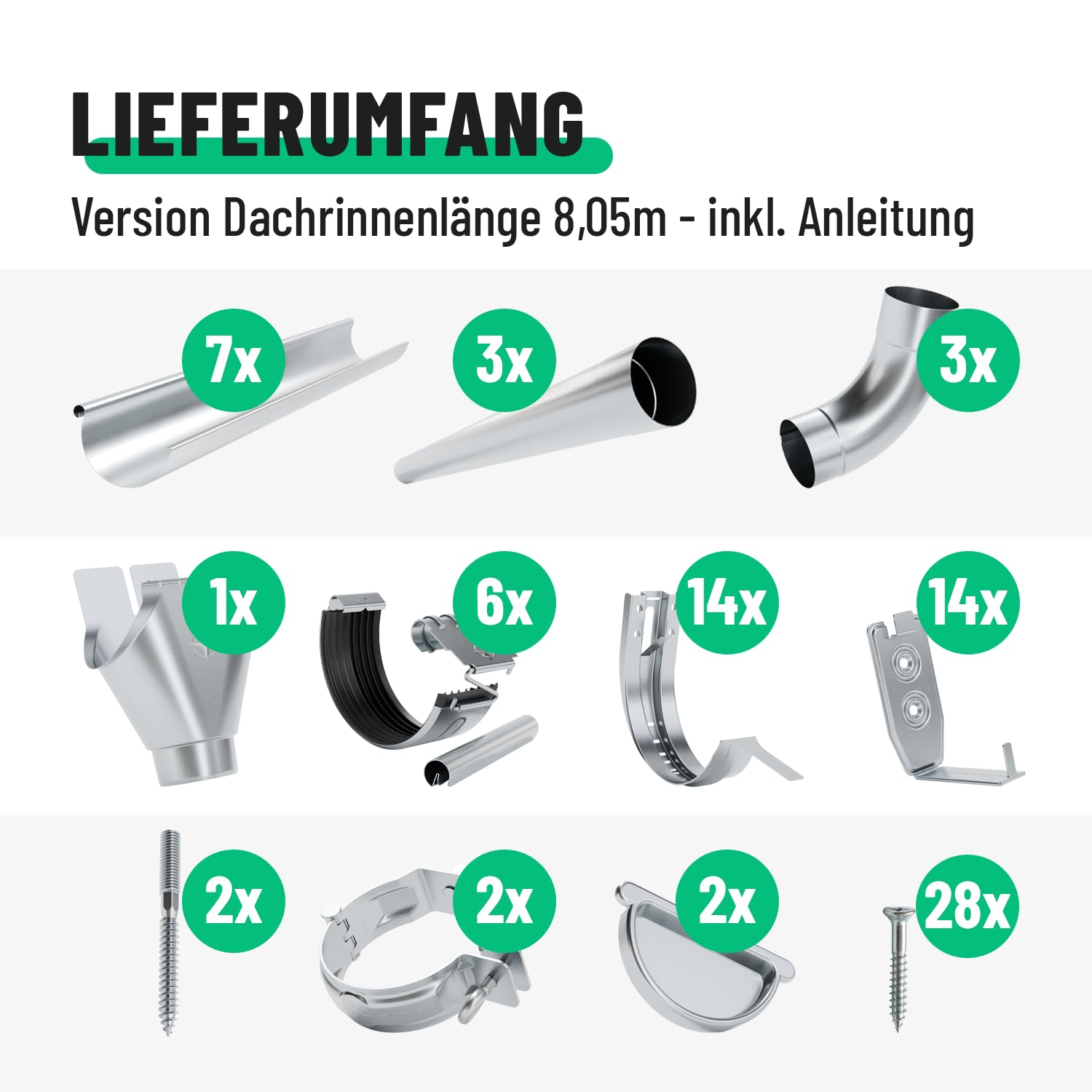 greate 8,05 Meter Dachrinnen Set mit Fallrohr verzinkt - 333 Nenngröße | Regenrinne Set mit einfacher Montage inkl. Montageanleitung - Zink Dachrinne Gartenhaus, Carport uvm - Dachrinnenset